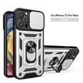thumbnail image 1 of Heavy Duty Case for iPhone 15 Pro Max, Camera Lens Sliding Rugged PC Hybrid Shockproof Anti-Slip Cover with Magnetic Car Mount Ring Holder Kickstand Case for iPhone 15 Pro Max, Silver, 1 of 9