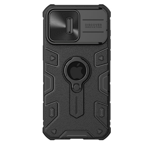 Heavy Duty Case for iPhone 15 Pro Ring Kickstand Phone Case with Sliding Camera Cover, Rugged Hybrid Shockproof Lens Protection Cover for iPhone 15 Pro 6.1" - Black