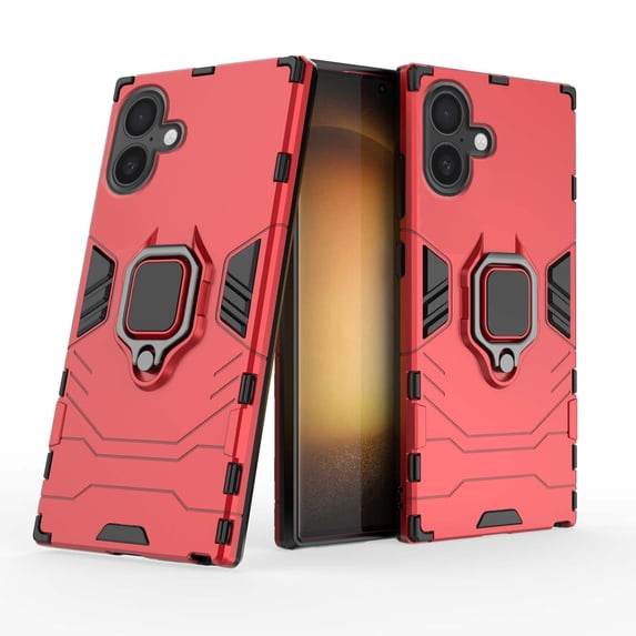 Heavy Duty Case For iPhone 16 Armor Phone Case with Metal Ring Hidden Kickstand, Military Grade Shockproof Rugged Protective Cover for For iPhone 16,Red
