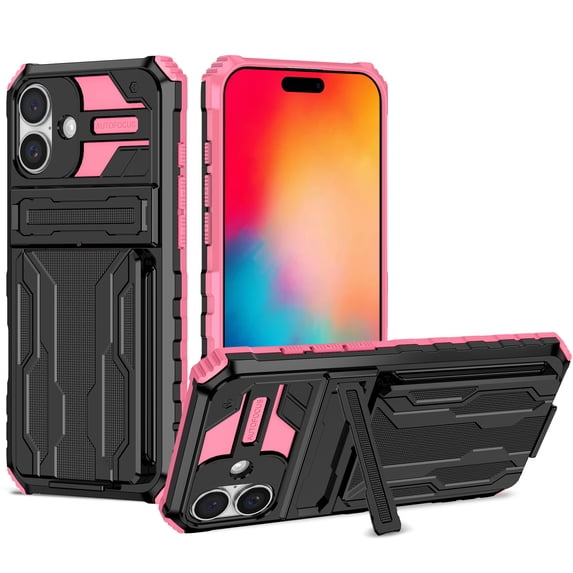 Heavy Duty Case for iPhone 16 Credit Card Slot Holder Kickstand Bracket Cover, Military Grade Dual-Layers Rugged PC Shockproof Anti-Scratches Lens Protection Case, Pink