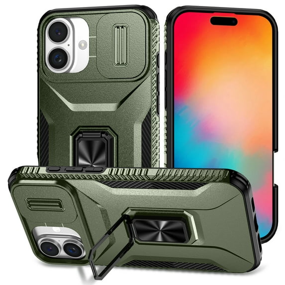 Heavy Duty Case for iPhone 16 Plus, Military Grade Dual Layer Hybrid Rubber Bumper with Sliding Camera Cover, Built-in 360 Degree Swivel Stand Car Magnetic for iPhone 16 Plus - Darkgreen