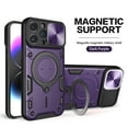 thumbnail image 1 of Heavy Duty Case for iPhone 16 Pro, Camera Lens Sliding Cover with Hidden Bracket Magnetic Car Mount Holder, Rugged PC+TPU Hybrid Military Grade Shockproof Lens Protection Case, Purple, 1 of 12