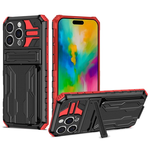 Heavy Duty Case for iPhone 16 Pro Credit Card Slot Holder Kickstand Bracket Cover, Military Grade Dual-Layers Rugged PC Shockproof Anti-Scratches Lens Protection Case, Red