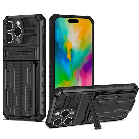 Heavy Duty Case for iPhone 16 Pro Credit Card Slot Holder Kickstand Bracket Cover, Military Grade Dual-Layers Rugged PC Shockproof Anti-Scratches Lens Protection Case, Black