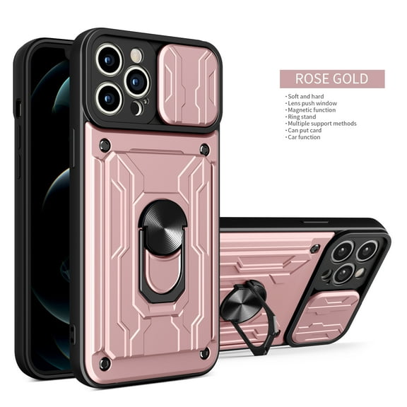 Heavy Duty Case for iPhone 16 Pro Max with Back Card Holder & Ring Stand & Camera Lens Sliding Cover, Rugged Hybrid Multi-Layers Shockproof Protective Case Support Magnetic Car Mount, Rosegold
