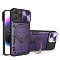 thumbnail image 1 of Heavy Duty Case for iPhone 16e, Camera Lens Sliding Cover with Hidden Bracket Magnetic Car Mount Holder, Rugged Military Grade Shockproof Lens Protection Case for iPhone 16e, Purple, 1 of 12