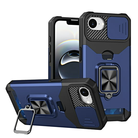 Heavy Duty Case for iPhone 16e with Rotate Ring Holder Stand, Camera Lens Sliding Cover, Card Holder, Rugged Protection Shockproof Phone Cover Support Magnetic Car Mount for iPhone 16e, Navy