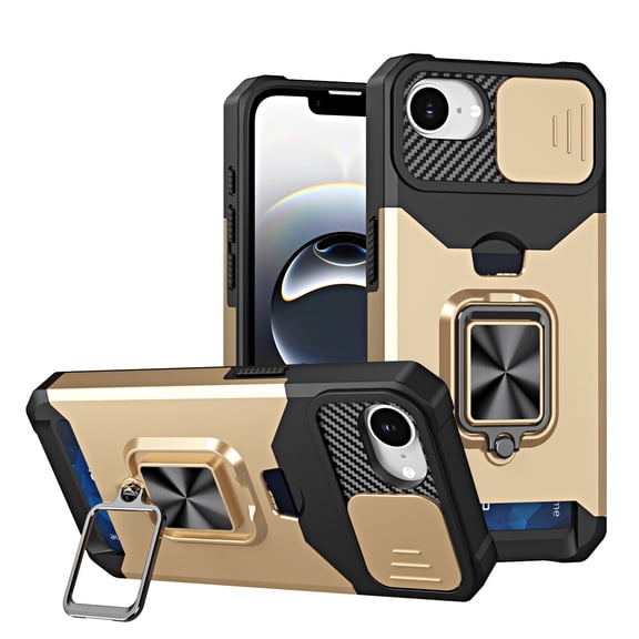 Heavy Duty Case for iPhone 16e with Rotate Ring Holder Stand, Camera Lens Sliding Cover, Card Holder, Rugged Protection Shockproof Phone Cover Support Magnetic Car Mount for iPhone 16e, Gold