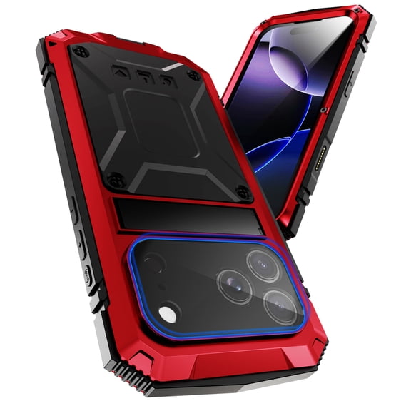Heavy Duty Case for iPhone 17 Pro Max with Hidden Kickstand & Tempered Glass Screen Protector, Hybrid Rugged PC Soft Silicone Metal Frame Hang Rope Shockproof Protective Case, Red