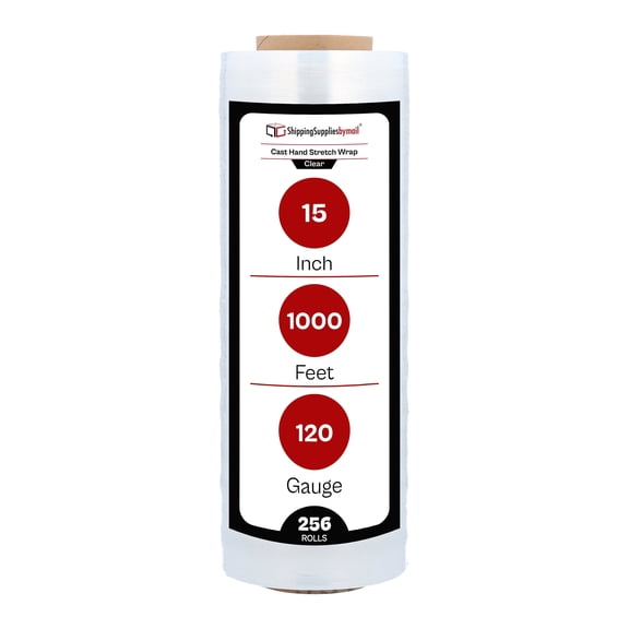 SSBM Cast Hand Stretch Wrap 15" x 1000' 256 Rolls 120 Gauge Clear Heavy Duty Shrink Film for Packaging Wrapping