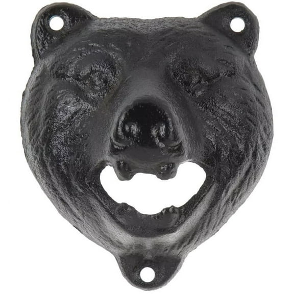 Heavy Duty Cast Iron Black Bear Head Wall-Mounted Bottle Opener - Rustic Kitchen & Bar Decor