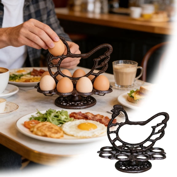Heavy Duty Cast Iron Chicken Egg Holder - 10-Egg Countertop Organizer for Fresh Egg Display & Storage, Rustic Farmhouse Decor (Black)