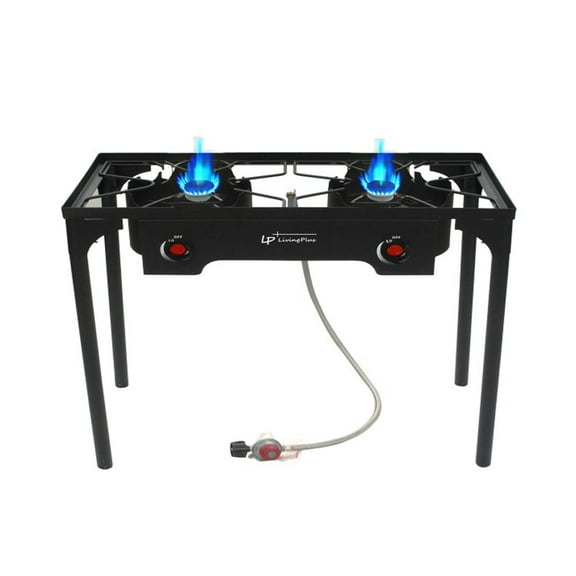 Heavy Duty Cast Iron Dual-2 Burner Stove, 140000 BTU, Auto Ignition, Temperature Knobs, Hose and Regulator Included