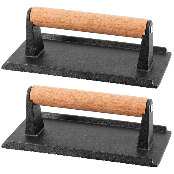Heavy Duty Cast Iron Grill Press 8 x 4 Inch with Wood Handle 2 Pack