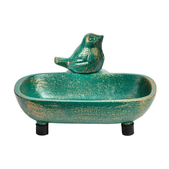 Heavy Duty Cast Iron Hand Soap Holder - Lovely Bird Shaped & Antique Green Finish - Decorative Tabletop Soap Dish Tray for Kitchen Bathroom Sink - Practical Bath Soap Box Container