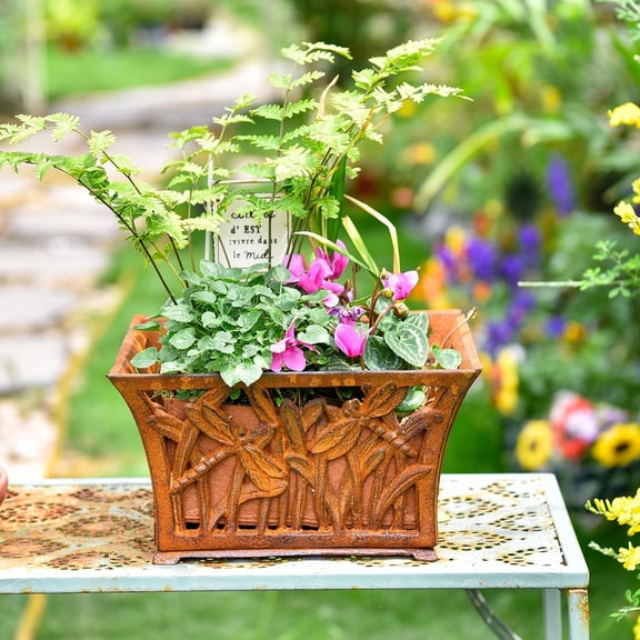 Heavy Duty Cast Iron Planter Basket with Non-Woven Growing Bag - Rust Color - Rectangle
