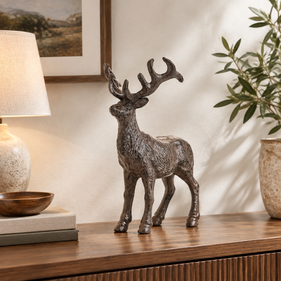 Heavy Duty Cast Iron Standing Deer Statue Rustic Brown Figurine
