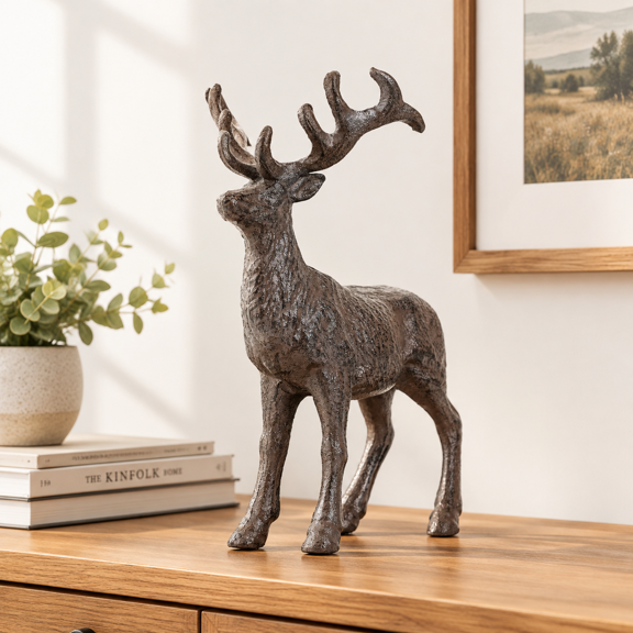 Heavy Duty Cast Iron Standing Deer Statue Rustic Brown