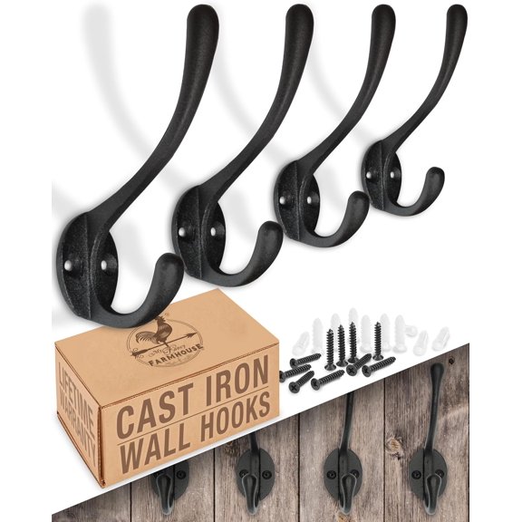 Heavy Duty Cast Iron Wall Hooks (4 Pack) Non Rusting - Exterior or Interior, Easy Installation, Farmhouse, Decorative Hooks for Hanging Coats, Bags, Hats, Towels (Black)