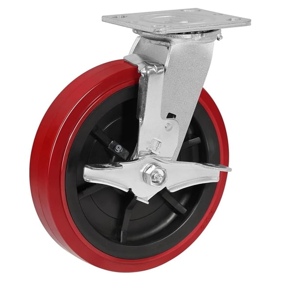 Heavy Duty Caster, 8"x2" Industrial Caster Wheel with Load 1100lbs Capacity, Polyurethane Tread on Polypropylene , Plate Swivel with Brake Caster for Toolbox Workbench (1 Brake)