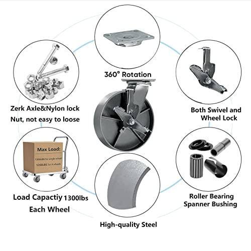 Heavy Duty Caster Steel Cast Iron wheel, Tool box and Workbench Caster-Set of 4 5200LB Capacity (8 inch, 2Rigid & 2 Brake)