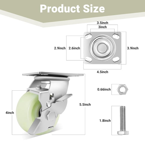 Heavy Duty Caster Wheels 4 Inch - 2500 LBS, PP Plate Castor Set of 4 with Double Ball Bearings, Non-Marking Quiet Industrial Swivel Casters for Hand Trucks, Carts, Industrial Equipment