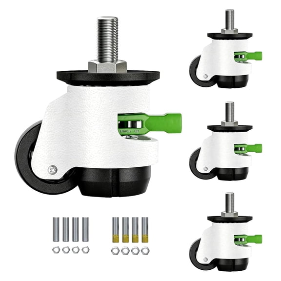 Heavy Duty Caster Wheels Set of 4, Leveling Stem Casters with Retractable Wheels 2200 Lbs Total Capacity, 1/2" & M12 Stem Sizes Adjustable with Ratchet Handle for Workbench, Machinery & Equipment