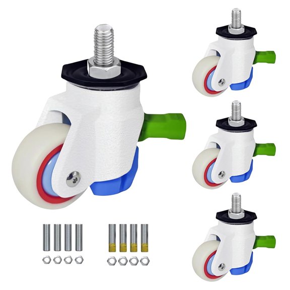 Heavy Duty Caster Wheels Set of 4, Leveling Stem Casters with Retractable Wheels 970 Lbs Total Capacity, 1/2" & M12 Stem Sizes Adjustable with Ratchet Handle for Workbench, Machinery & Equipment