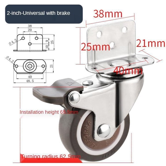 Heavy Duty Casters 20kg Mute Swivel Wheels TPE Rubber For Furniture Cribs 1 Pc-2inchwithbrake