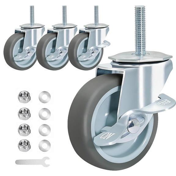 Heavy Duty Castor Threaded Stem Casters Set of 4, 3 Inch Caster Wheels with Brake, Locking for Furniture, Workbench, Cart, Cabinet and Equipment Swivel Castors (Diameter 3/8", Length 1-1/2")