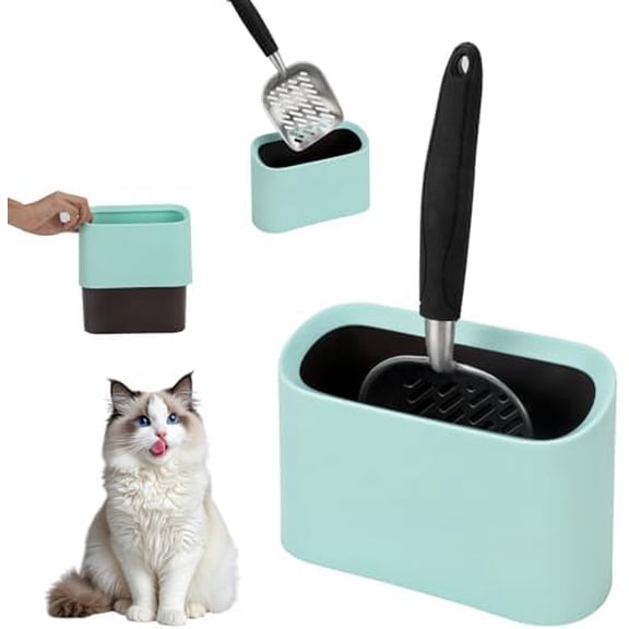 Heavy-Duty Cat Litter Scoop with Holder, Metal Cat Scooper and Detachable Trash Can,Aluminum Kitty Poop Shovel Captures All Clumps,Speed Sifter Litter Box Scooper and Caddy with Lid(Green)