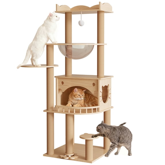 Heavy Duty Cat Tree for Large Cats, 56.7" Multi-Level Cat Tower with Solid Wood Base, Condo House, Hammock, Sisal Scratching Posts & Wide Platforms for Indoor Cats