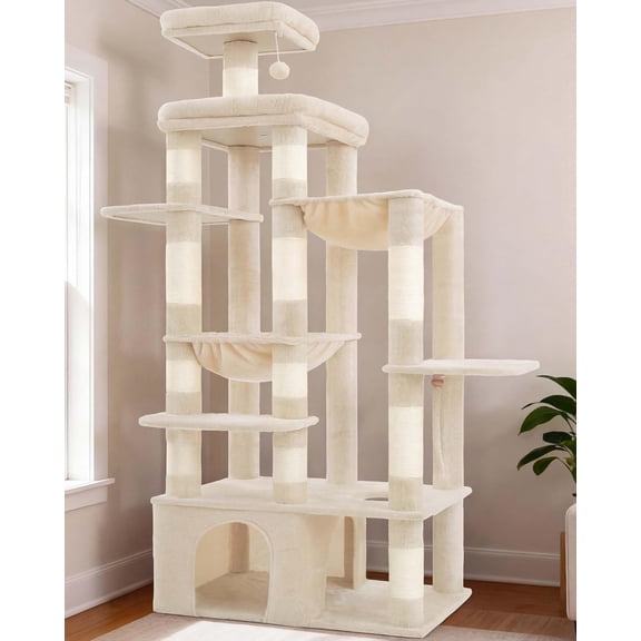 Heavy Duty Cat Tree Tower for Indoor Cats Large Adult, Tall Cat Condo House with Extra-Large Baseboard, Multi-Level Plush Furniture with Scratching Posts, Hammock, and Toy Balls in Light Gray