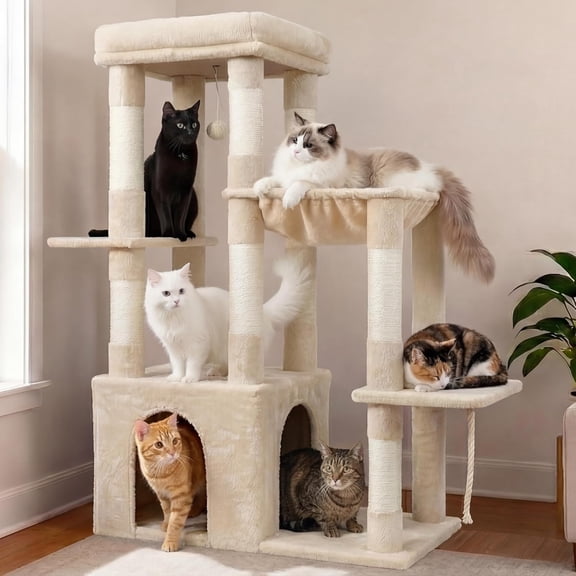 Heavy Duty Cat Tree, Tower for Indoor Cats Large Adult, Tall Cat Condo House with Extra-Large Baseboard, Multi-Level Plush Furniture with Scratching Posts, Hammock,Toy Balls, Beige HCT026M
