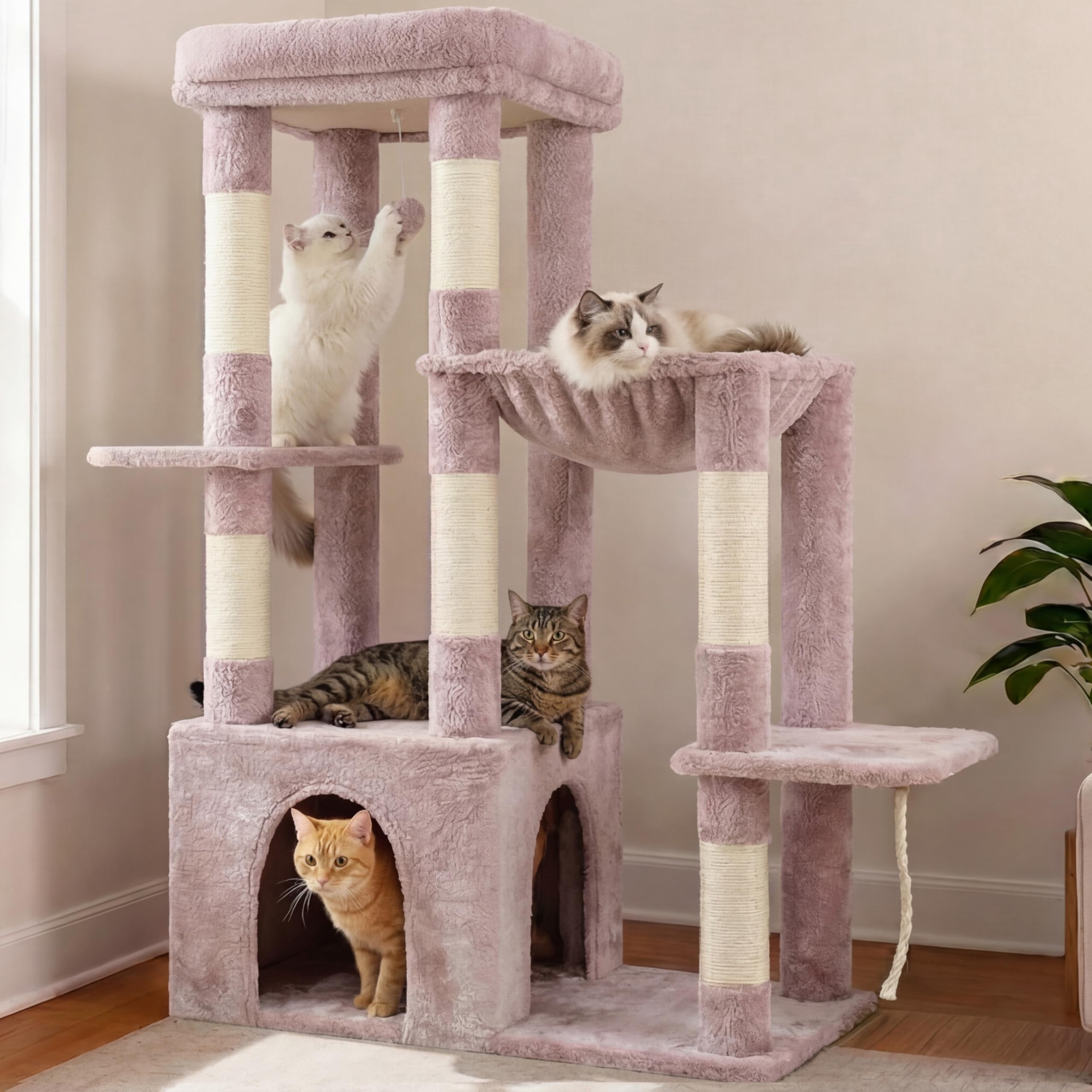 Heavy Duty Cat Tree  Tower For Indoor Cats Large Adult Tall Condo House With Extra-large Baseboard Multi-level Plush Furniture Posts Hammock Balls Muchroom Hct026mu