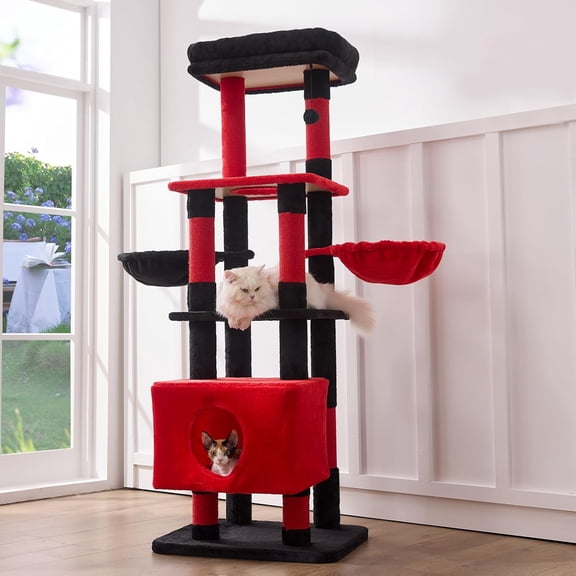 Heavy Duty Cat Tree Tower for Large Cats, 65-Inch Multi-Level Cat Furniture with Replaceable Sisal Scratching Post, Hammock, Extra-Large Platform & Condo in Black Red