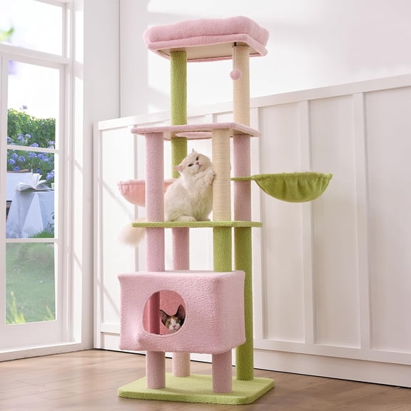 Heavy Duty Cat Tree Tower for Large Cats, 65-Inch Multi-Level Cat Furniture with Replaceable Sisal Scratching Post, Hammock, Extra-Large Platform & Condo in Black Red