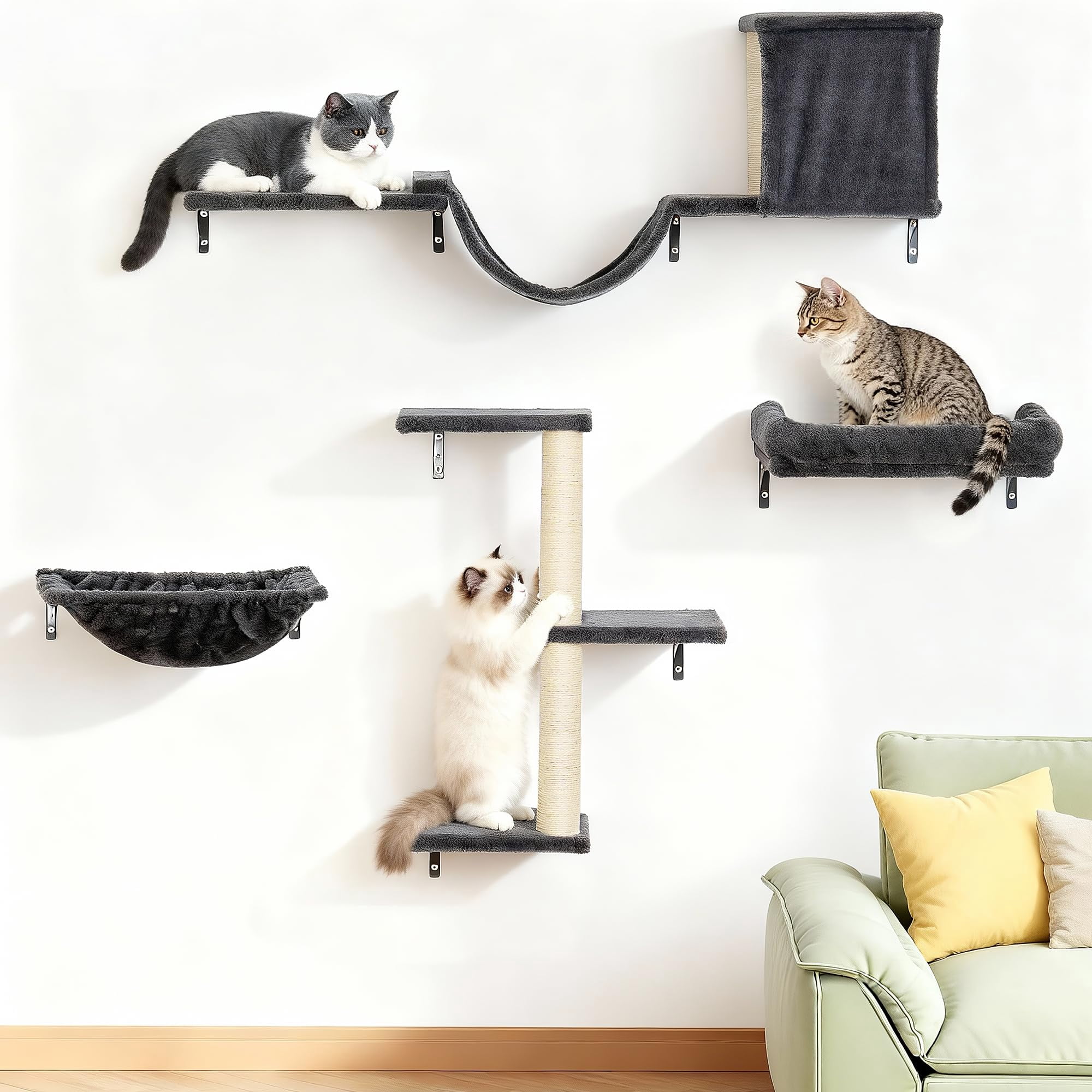 Wall-Mounted Cat Climbing Set 5-in-1 Perch and Hammock for Indoor Adult Cats