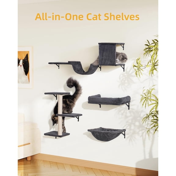 Heavy Duty Cat Wall Shelves for Indoor Cats Large Adult, 17'' Large Hammock and Perch Bed for Wall, 5-in-1 Wall-Mounted Cat Climbing Set for Multi-Room Use