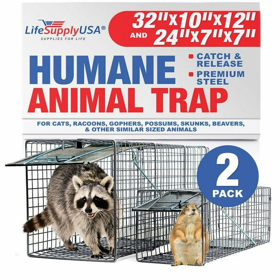 Heavy Duty Catch Release Large Live Humane Animal Cage Trap for Cats, Racoons, Gophers, Possums, Skunks, Beavers and Other Similar Sized Animals (32"x10"x12" & 24"x7"x7") 2PC