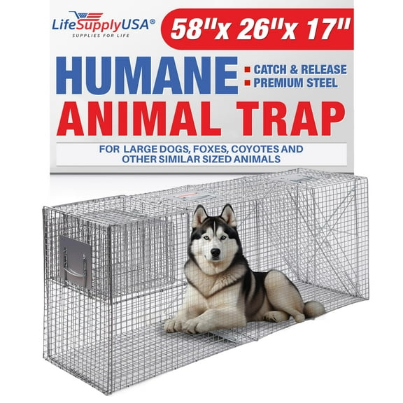 LifeSupplyUSA Heavy Duty Catch Release X-Large Live Humane Animal Cage Trap Small Bait Cage Included for Foxes Dogs and Other Similar Sized Animals 58x26x17
