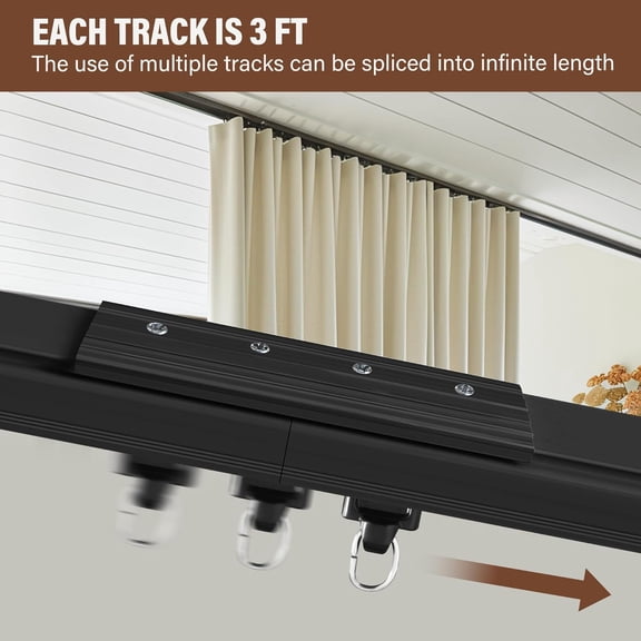 Heavy Duty Ceiling Curtain Track, Black 3-9ft - Mount Rail with Clips/Hooks for Showers & Outdoor Privacy