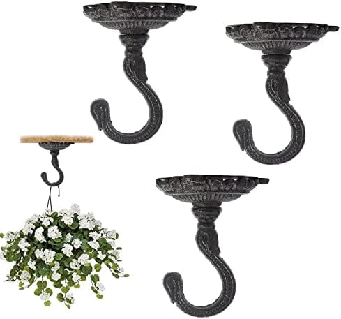 Heavy Duty Ceiling Hooks for Hanging Plants, 3PC Black 3.5x3.9Inch Large Cast Iron Ceiling Hooks, Antique Decorative Ceiling Swag Hooks for Hanging Planter Chandelier Wind Chime Lantern Hanger