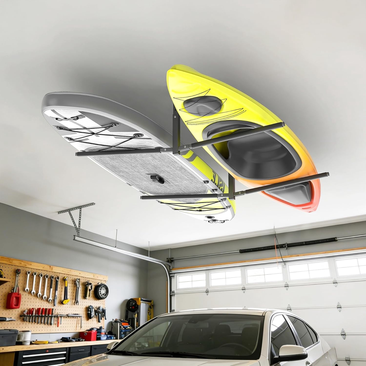 Heavy-Duty Ceiling Kayak Storage Rack Holds 2 Boards, Overhead Garage ...