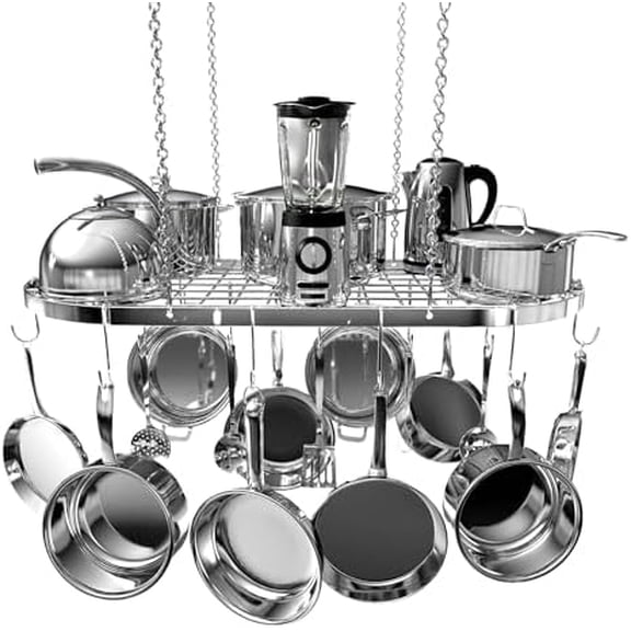 Heavy-Duty Ceiling Pot Rack, 33 x 17 Inch Wall-Mounted Pan Organizer with 15 Hanging Hooks, Durable Silver Steel Kitchen Storage