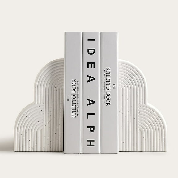Heavy Duty Ceramic Book Ends Set of 2,Modern Minimalist Geometric Decorative Book Stoppers, Non-Skid Book Supports for Home Office Shelves, Perfect Gift for Book Lovers (White)