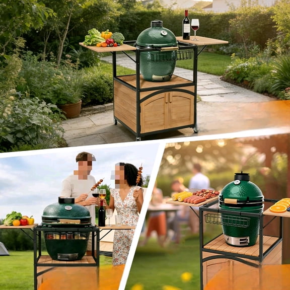 Heavy Duty Ceramic Egg Grill Cart, 51.8" Outdoor BBQ Station for Round Smokers, Foldable Side Tables, Weatherproof Cabinet, Locking Wheels, Fits Most 23-Inch Round Ceramic Cookers$$Garden & Patio