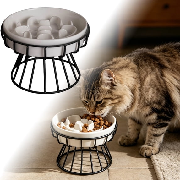 Heavy Duty Ceramic Slow Feeder Cat Bowl,Non Slip Stainless Steel Food Dish for Slow Feeding, Raised Design for Cats Dogs, Bloat Prevention
