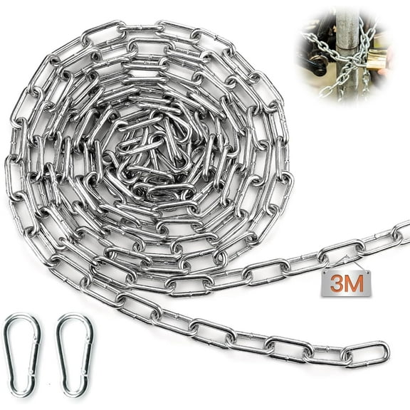 Heavy Duty Chain 3 Metre Metal Chain 3 Mm Steel Chain Galvanized Chain Links Steel Welded Link With Carabiner Thick Chain For Gate Padlock Hanging Swing Chain Bike Cycle Lock Pet Chain
