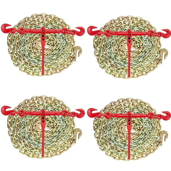 Heavy-Duty Chain and Binder Kit 3/8"-1/2", 4 Ratchet Load Binders with 10ft G70 Chains, 9215 lbs Working Strength, 33,069 lbs Breaking Strength, for Truck Tie-Down Hauling Towing